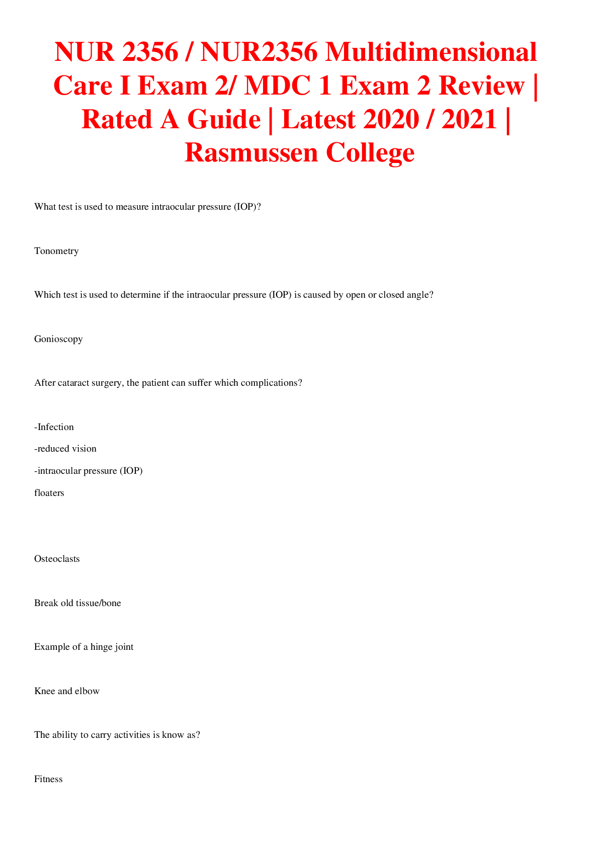 NUR 2356 / NUR2356 Multidimensional Care I Exam 2/ MDC 1 Exam 2 Review | Rated A Guide | Latest 2020 / 2021 | Rasmussen College